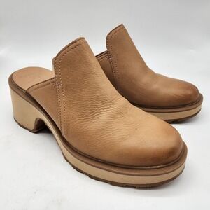 Sorel Hi-Line Mule Platform Clog Womens 9.5 Tan Leather Block Heel NL5032-253
